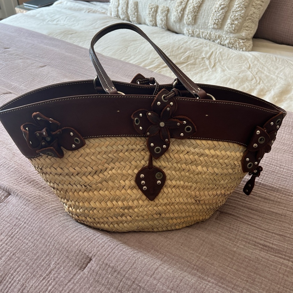 90s vintage Miu Miu Brown and Tan Tote Bag with Woven Design. Great condition